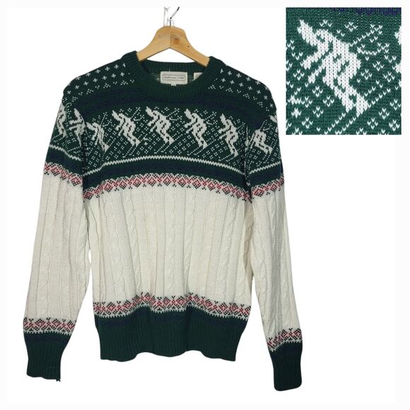 VTG Nordic Fair Isle Cable Knit Ski Pullover Sweater M Green White Cabin Lodge - Picture 1 of 10